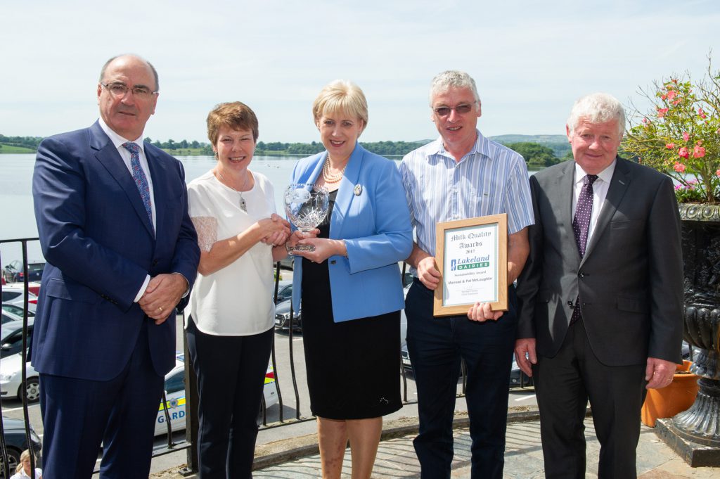 Winners of the Lakeland Dairies Sustainability Award. L-R: Michael Hanley, chief executive of Lakeland Dairies; Mairead McLoughlin; Minister for Business, Enterprise, and Innovation Heather Humphreys; Pat McLoughlin; and Alo Duffy, chairman of Lakeland Dairies.
