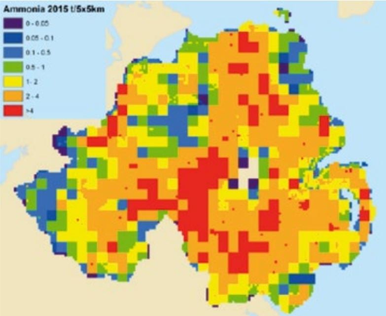 Ammonia emissions in Northern Ireland mapped by location. Image source: DEFRA