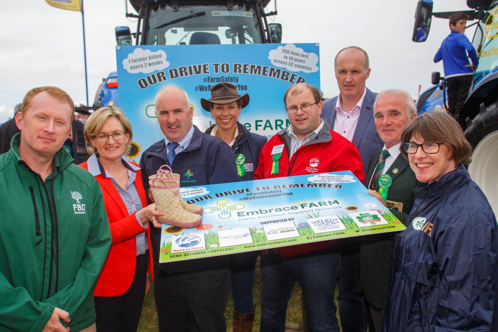 L-R: Donal O’Riordan FBD; MEP Mairead McGuinness; Brian Rohan, Embrace FARM; Laura Starnes, ICSA; James Healy, president of Macra na Feirme; Pat McCormack, president ICMSA; PJ Lynam, chairperson of the National Ploughing Association; and Caroline Farrell, IFA Farm Family chair. Image source: Jeff Harvey