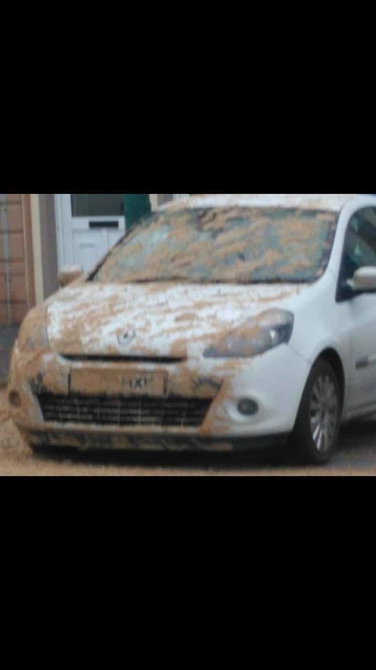 Cars covered in the vile-smelling slurry. Image source: Rhonda Montgomery