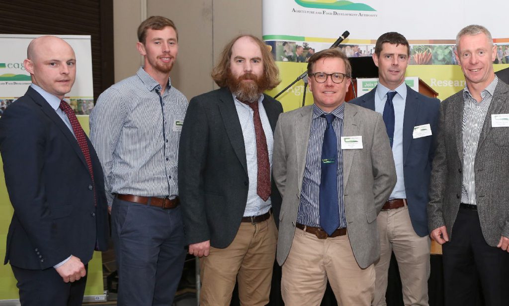 Speakers at the Teagasc National Crops Forum (left to right): James Nolan (R&amp;H Hall); James Ashmore (Farmer); Joe Patton (Teagasc); Dan Clavin (Teagasc); Tom Curran (Teagasc); and Ciaran Collins (Teagasc). Image source: Michael Scully