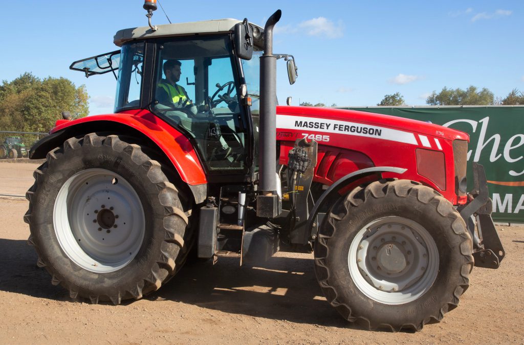 This 2009 MF 7485 (50kph; air brakes; front axle and cab suspension; front linkage and PTO; Quicke front loader brackets; new transmission circa 1,000 hours ago) sold for £24,500
