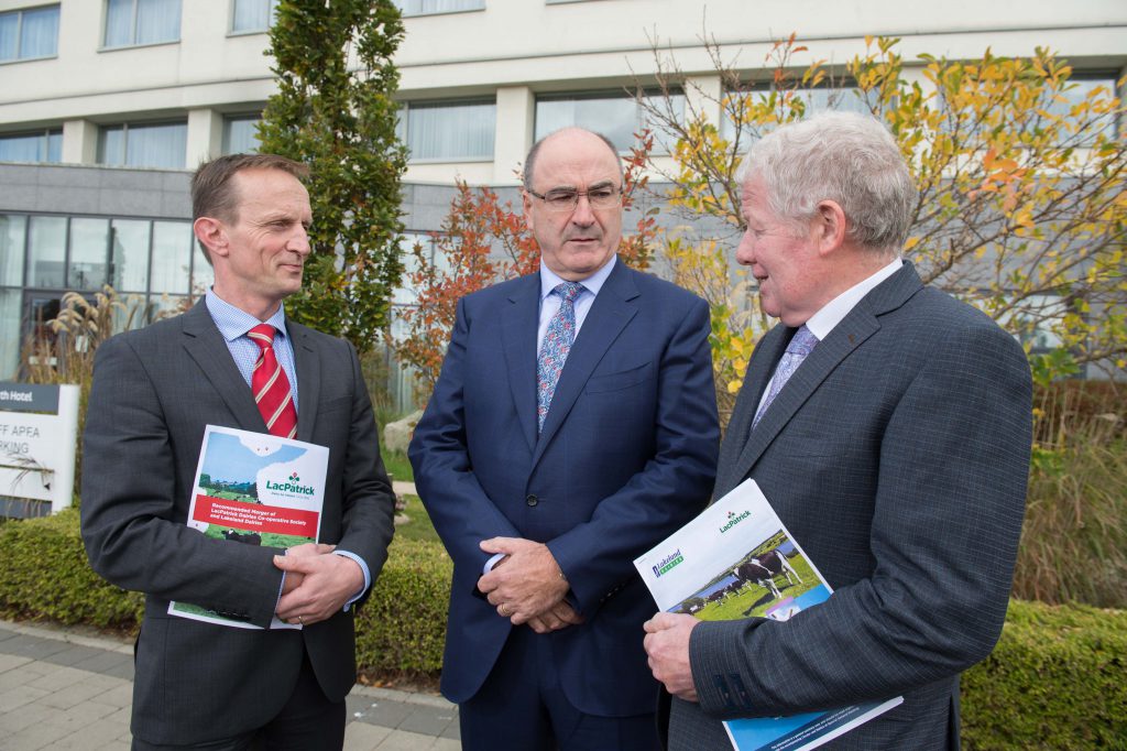 L-R: Andrew McConkey, chairman, LacPatrick Dairies; Michael Hanley, CEO, Lakeland Dairies; and Alo Duffy, chairman, Lakeland Dairies