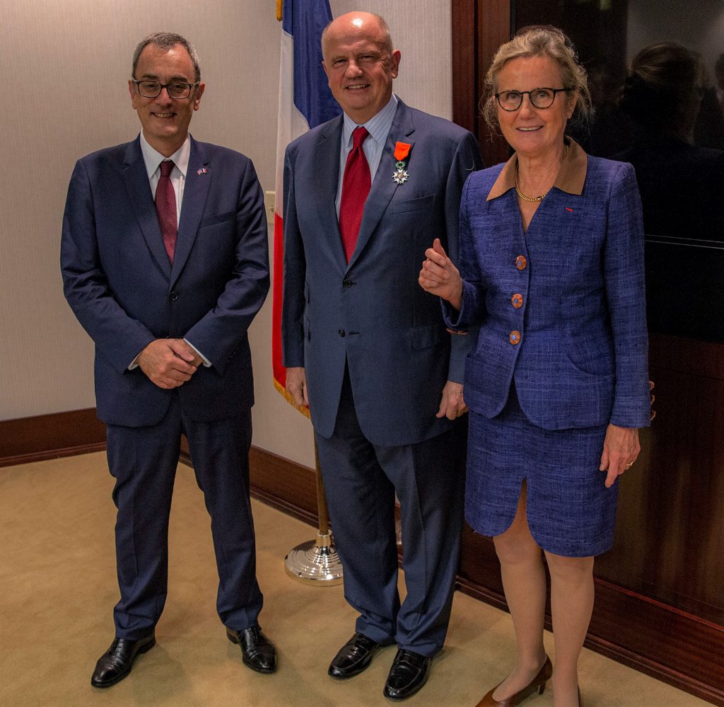 Louis de Corail, French Consul General in Atlanta; Martin Richenhagen, chairman, president and chief executive officer of AGCO Corporation; and Dr. Monique Seefried, chevalier in the Order of the Legion of Honour