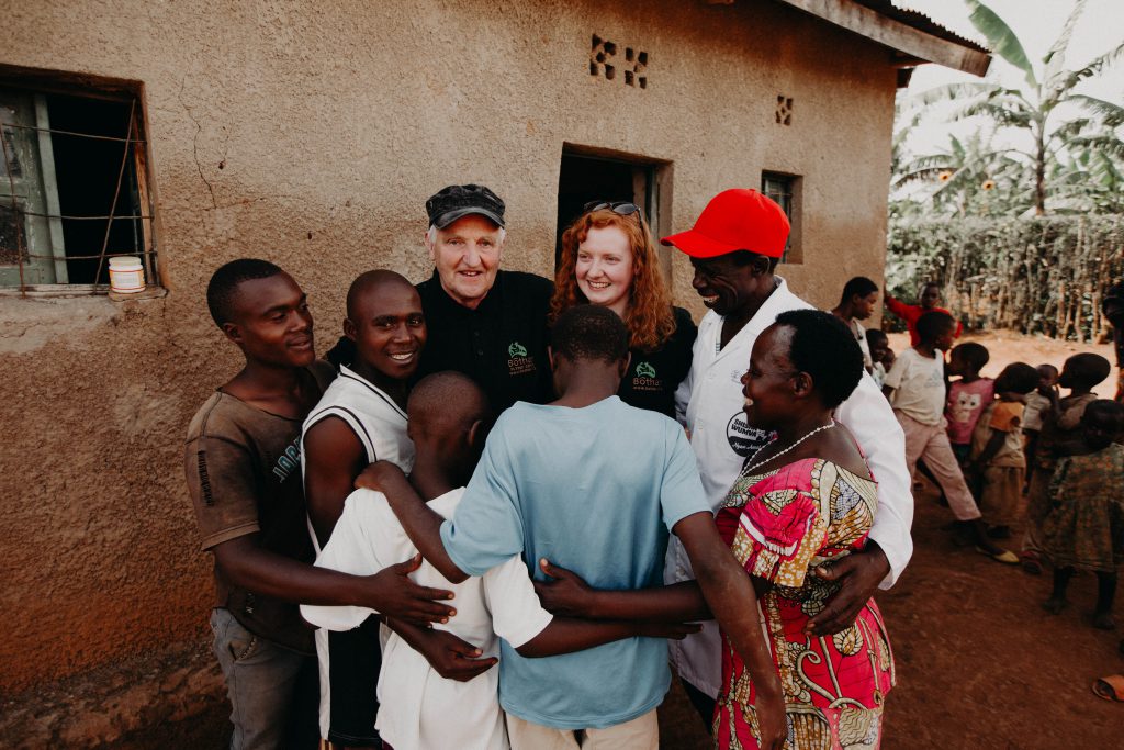 Tim Moynihan and his daughter Doreen met with the recipient Rwandan family. Image source: Sean Curtin