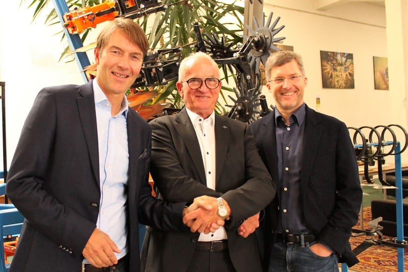 Pictured are managing partners of Amazone Christian Dreyer (left) and Dr. Justus Dreyer (right). Also pictured is the managing partner of Schmotzer Ferdinand Wahl (centre)