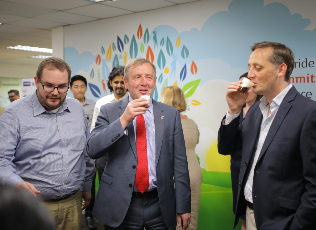 Minister Creed trying some of Kerry’s coffee flavoured drinks in Kuala Lumpur
