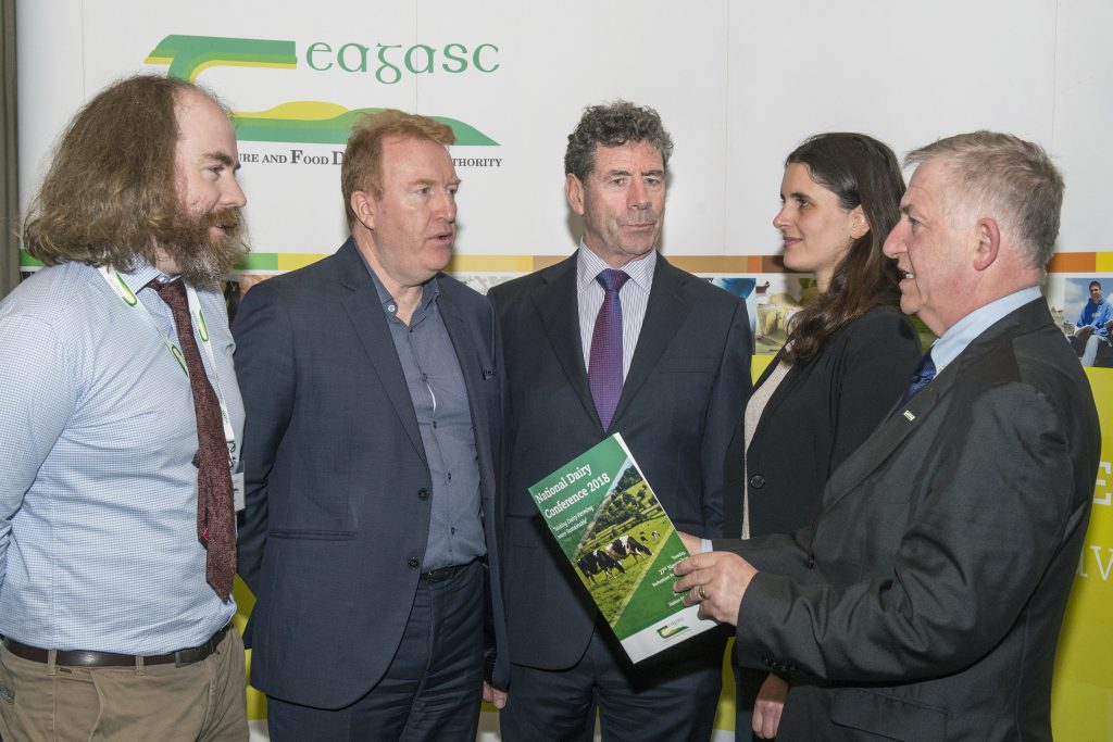 Pictured at the Teagasc National Dairy Conference in Co. Cork are speakers: Joe Patton,Teagasc; Albert McQuaid, global chief technology officer, Kerry Group; Liam Herlihy, Teagasc chairman; Natalie Roadknight, University of Melbourne; Prof. Gerry Boyle, Teagasc director. Image source: O’Gorman Photography