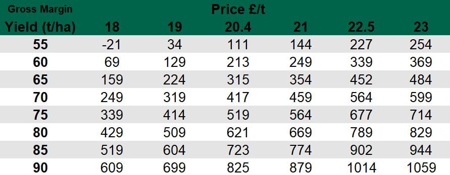 Gross margin on sugar beet on light land in the UK at different yields. Data source: Prime Ag (UK Crop Consultants)