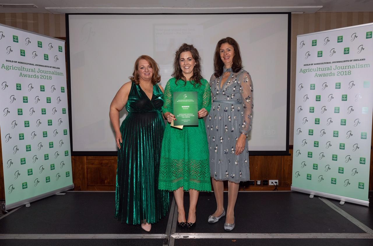 L-R: Ciara Leahy, chairperson of the Guild of Agricultural Journalists; Claire Mc Cormack, news editor, AgriLand; and Zoe Kavanagh, NDC CEO. Image source: Dylan Vaughan