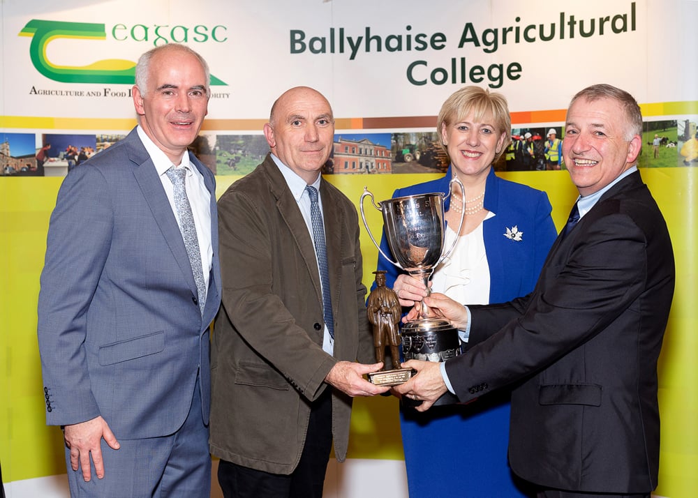L-R: John Kelly, principal; John Doherty receiving the trophy on McGeough’s behalf; Heather Humpherys, Minister for Business, Enterprise and Innovation; and Gerry Boyle, Teagasc director