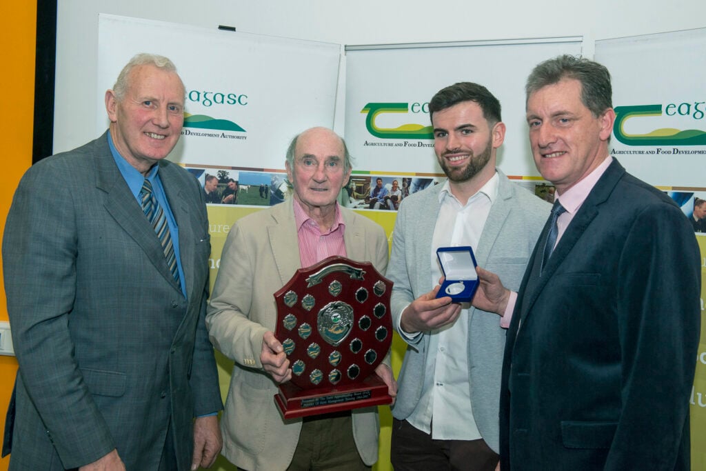 John McAuliffe, Kiskeam, Co Cork is pictured receiving the student of the year award from: Jim Treacy, Master Farmers Association; Liam Myles, FAB; and Jerry Twomey, Irish Farm Managers Association. Image source: O’Gorman Photography