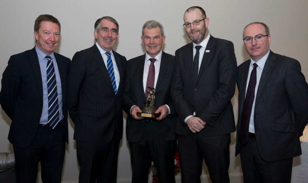 L-R: Ray Doyle, ICOS livestock executive; Seamus O’Donohoe, former ICOS CEO; Michael Parsons; TJ Flanagan, ICOS CEO; and Eamon Flanagan. Image source: Alf Harvey
