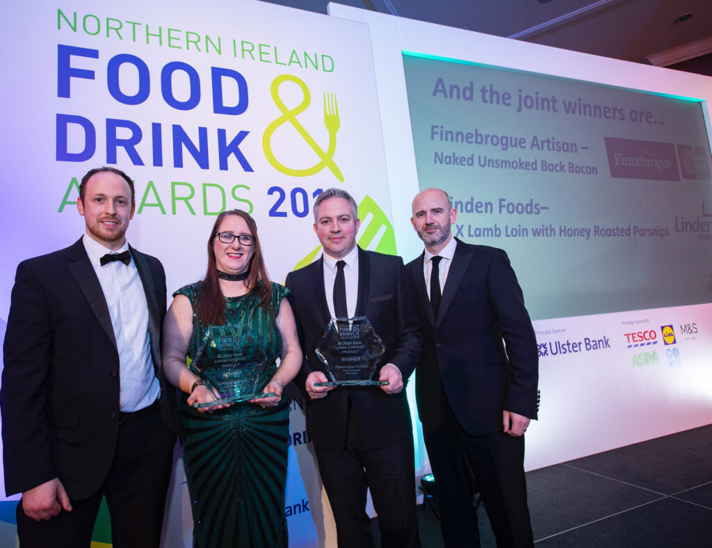 Ronan McLaughlin and Rita O’Kane, Linden Foods; and Declan Ferguson, Finnebrogue Artisan; pictured with Damien Long, Ulster Bank