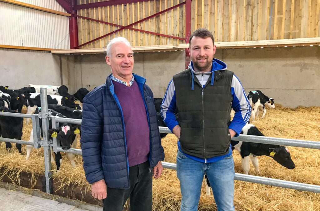 Thomas and Peter O’Hanrahan in their newly constructed calf shed