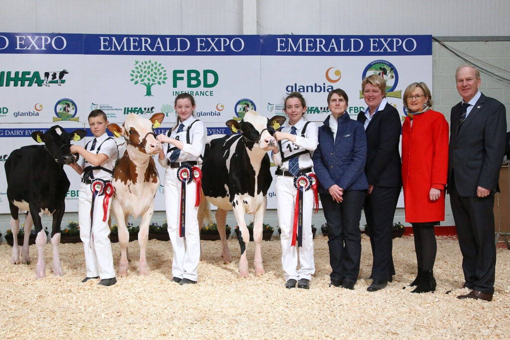 L-R: Honourable Mention – Will Jones; Reserve – Hannah Williamson; Champion – Rebekah Williamson; Louella Lang, Volac, sponsor; judge, Helen Herd; Mairead McGuinness, Vice President of the European Parliament; and Charles Gallagher, IHFA. Image source: Maria Kelly