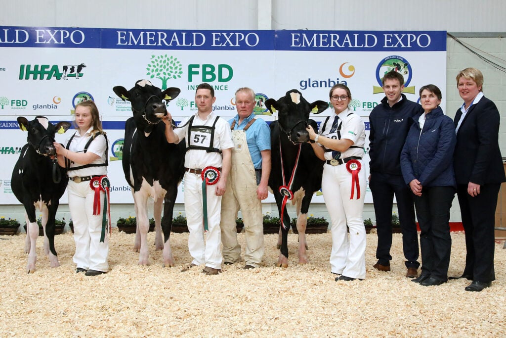 L-R: Honourable Mention – Dalevalley GWY Aiko ET exhibited by Roy Cromie (Holly Keenan on halter); Reserve – Lynbrook Atwood Erin ET exhibited by Rory Timlin, Conor Morley and Denis O’Neill (Rory Timlin on halter with Denis O’Neill); Champion – Ingleden Goldwyn Charlie exhibited by Victor Jackson (Megan Boal on halter); judge, Helen Herd; Tomas O’Reilly; and Louella Lang, Volac, sponsor. Image source: Maria Kelly