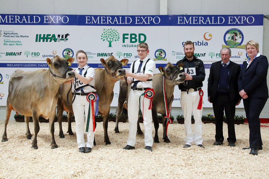 L-R: Honourable Mention – Bruhlof FB Karona exhibited by John Moore (Hannah Healy on halter); Reserve – Rapidbay-UK Rummens Red Shiloh exhibited by Michael Freeney (Kane Boal on halter); Champion – Mullaghlands Pride Starlight exhibited by Edwin and Pat Gaynor (Edwin on halter); Peter Kennelly, IHFA president; and judge, Helen Herd. Image source: Maria Kelly
