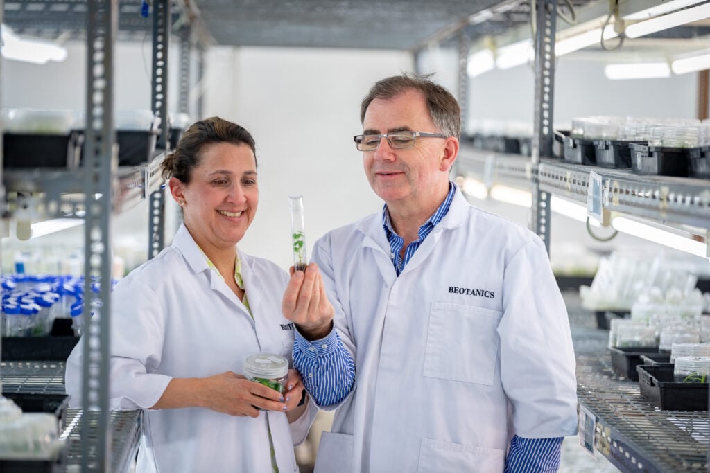 Pat FitzGerald, founder and CEO at Beotanics, pictured with Dr Maria Angelica Sandoval at Beotanics. The Kilkenny-based firm is growing international reputation for innovation in niche food crop production across the world and is investing €1 million in a new research and development centre at its headquarters in Stoneyford, Co Kilkenny. Image source: Dylan Vaughan