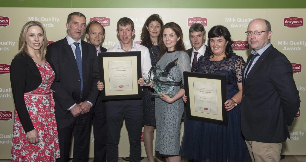 L-R: Dr. Karina Pierce, UCD; John O’Gorman, chairman, Dairygold; John O’Sullivan, Dairygold board member; East Cork Region winners and overall winners Edward and Breda Donovan; Zoe Kavanagh, National Dairy Council; Edmund Lynch, vice chairman, Dairygold; Maeve O’Connor, Dairygold; and Don Crowley, Teagasc. Image source: O’Gorman Photography