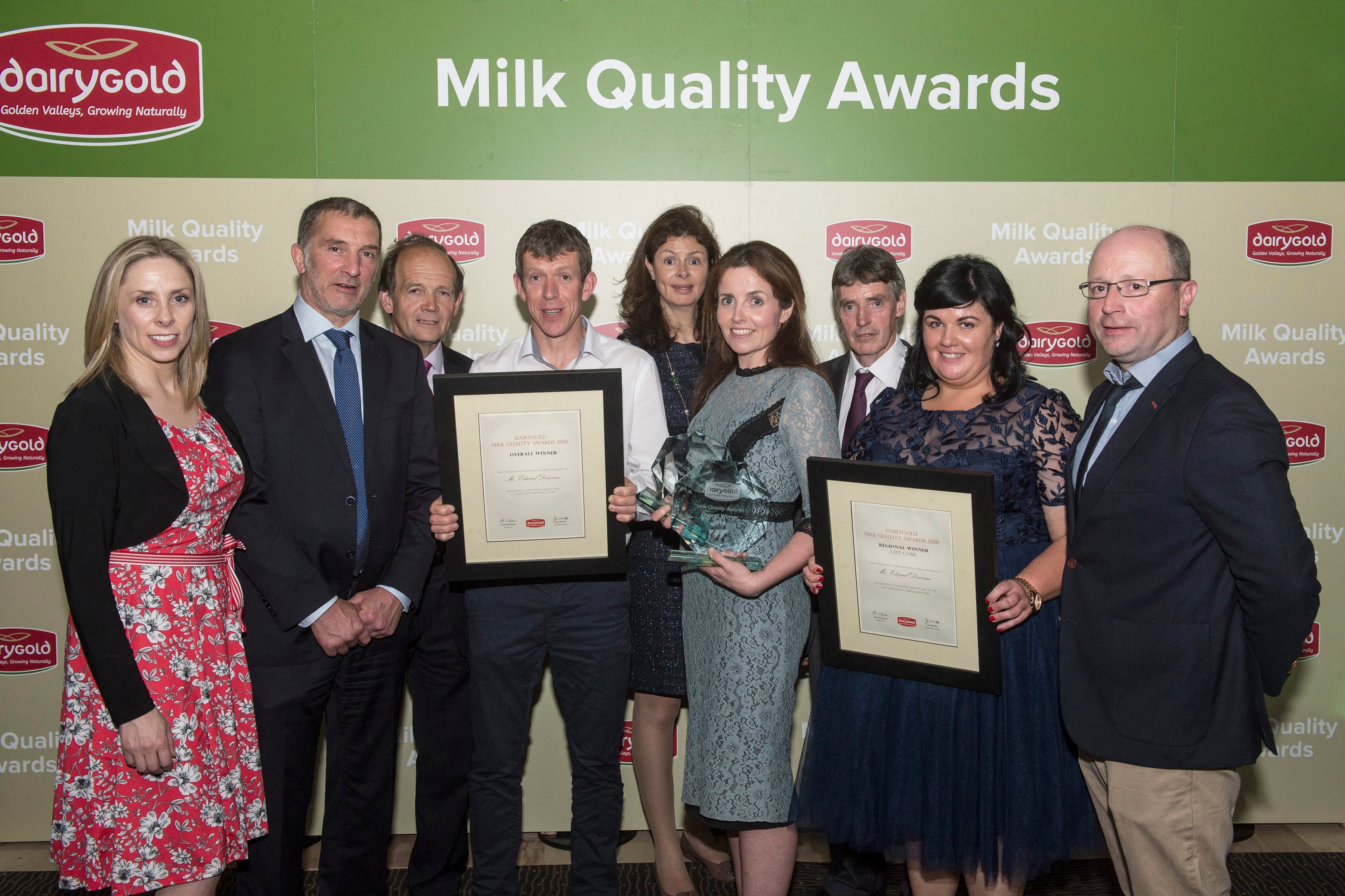 L-R: Dr. Karina Pierce, UCD; John O’Gorman, chairman, Dairygold; John O’Sullivan, Dairygold board member; East Cork Region winners and overall winners Edward and Breda Donovan; Zoe Kavanagh, National Dairy Council; Edmund Lynch, vice chairman, Dairygold; Maeve O’Connor, Dairygold; and Don Crowley, Teagasc. Image source: O’Gorman Photography