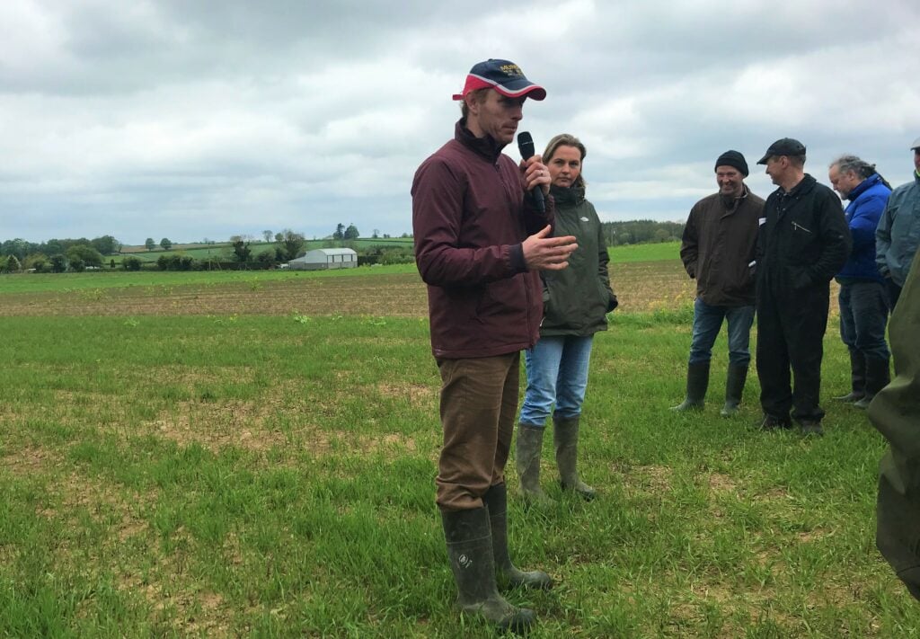 Ross Jackson speaking at the Teagasc Organic farm walk. Ross’s wife Amy who manages the sheep enterprise is pictured to the right