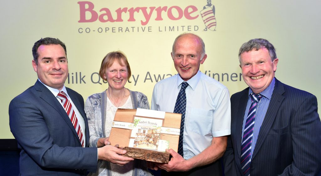 L-R: Carbery Group CEO Jason Hawkins; Barryroe Co-op winners Jerry and Carmel Keohane; and Carbery chairman Peter Fleming. Image source: Don MacMonagle