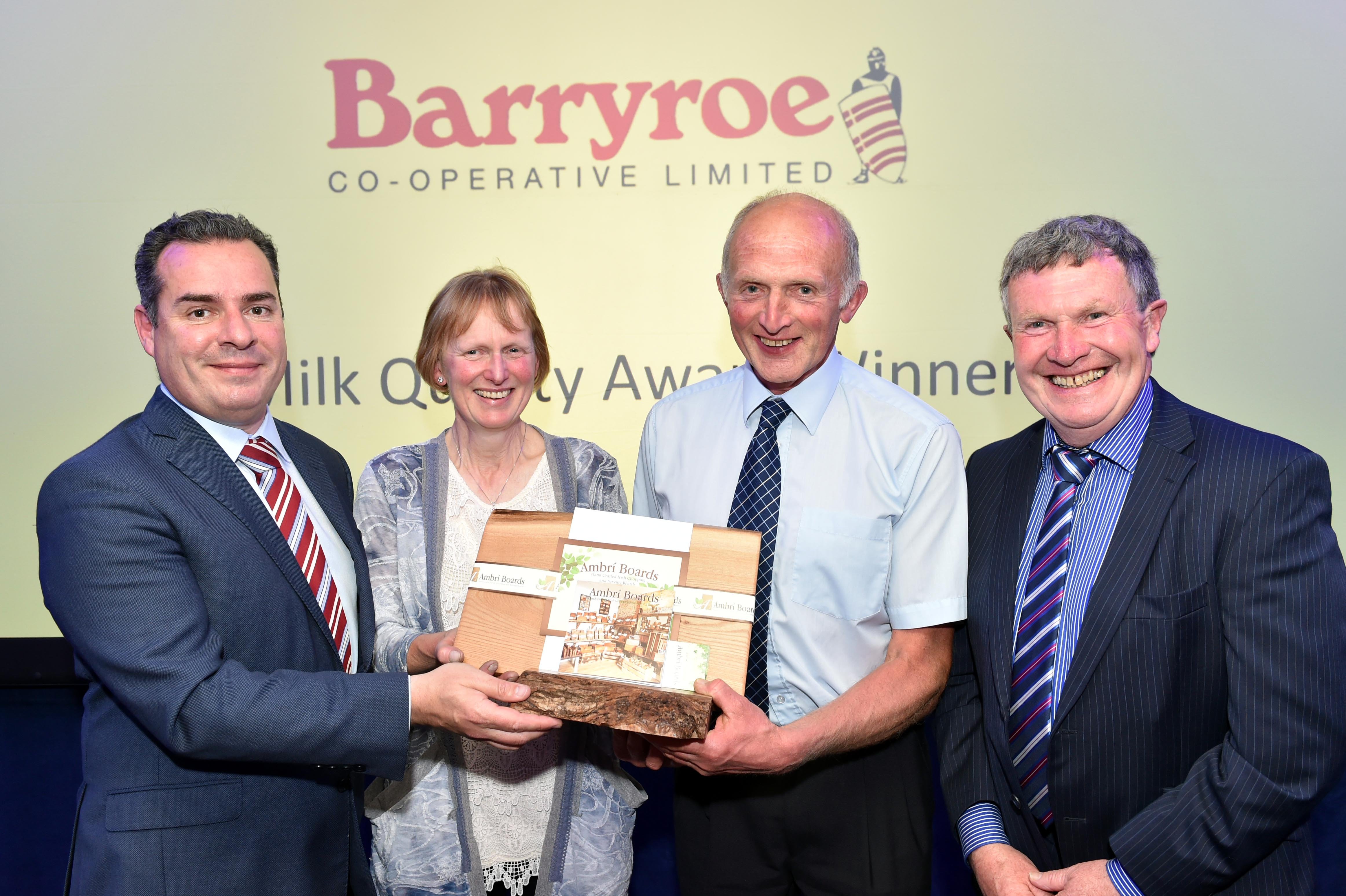 L-R: Carbery Group CEO Jason Hawkins; Barryroe Co-op winners Jerry and Carmel Keohane; and Carbery chairman Peter Fleming. Image source: Don MacMonagle