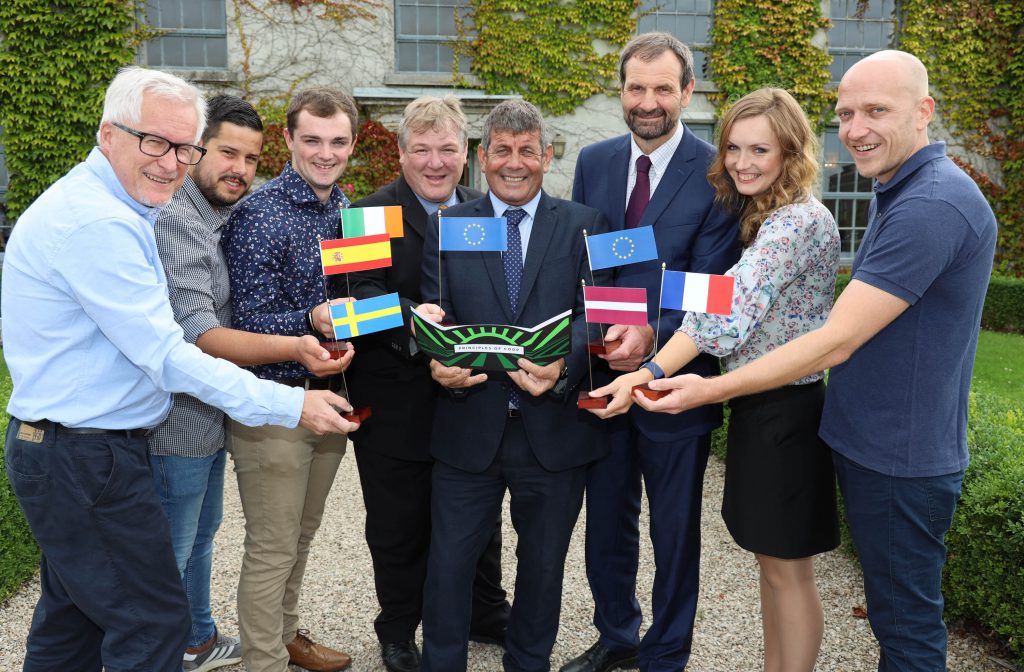 Programme leaders and participants: Anders Pettersson, Sweden; Alvaro Perez, Spain; Enda Shalvey, Cavan; Elina Ozola, Latvia; and Adrien Nicey, France, with Billy Goodburn, ICOS Skillnet; Minister of State for Food, Forestry and Horticulture, Andrew Doyle; and Jerry Long, ICOS president. Image source: Alf Harvey