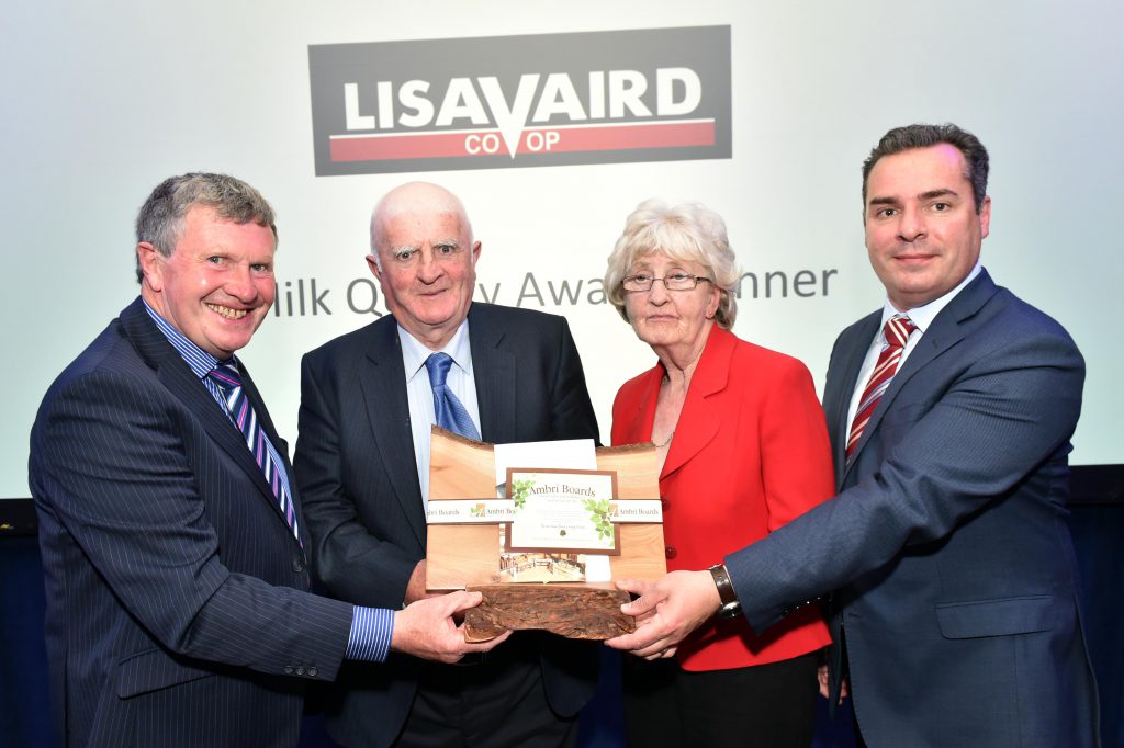 L-R: Carbery Group chairman Peter Fleming; Lisavaird Co-op winners Christopher and Hannah McCarthy; and Carbery Group CEO Jason Hawkins. Image source: Don MacMonagle