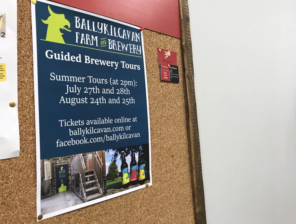 A sign in the local shop in Stradbally inviting members of the public on a guided tour of the brewery