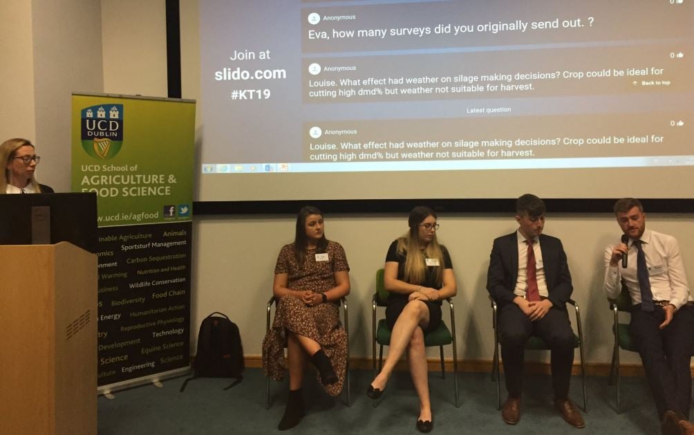 Presenters Eva Hayes, Louise Pierce, Daniel McPartin and Danny Fanning during the ‘Grass – helping farmers to manage it better’ session chaired by UCD’s Dr. Bridget Lynch