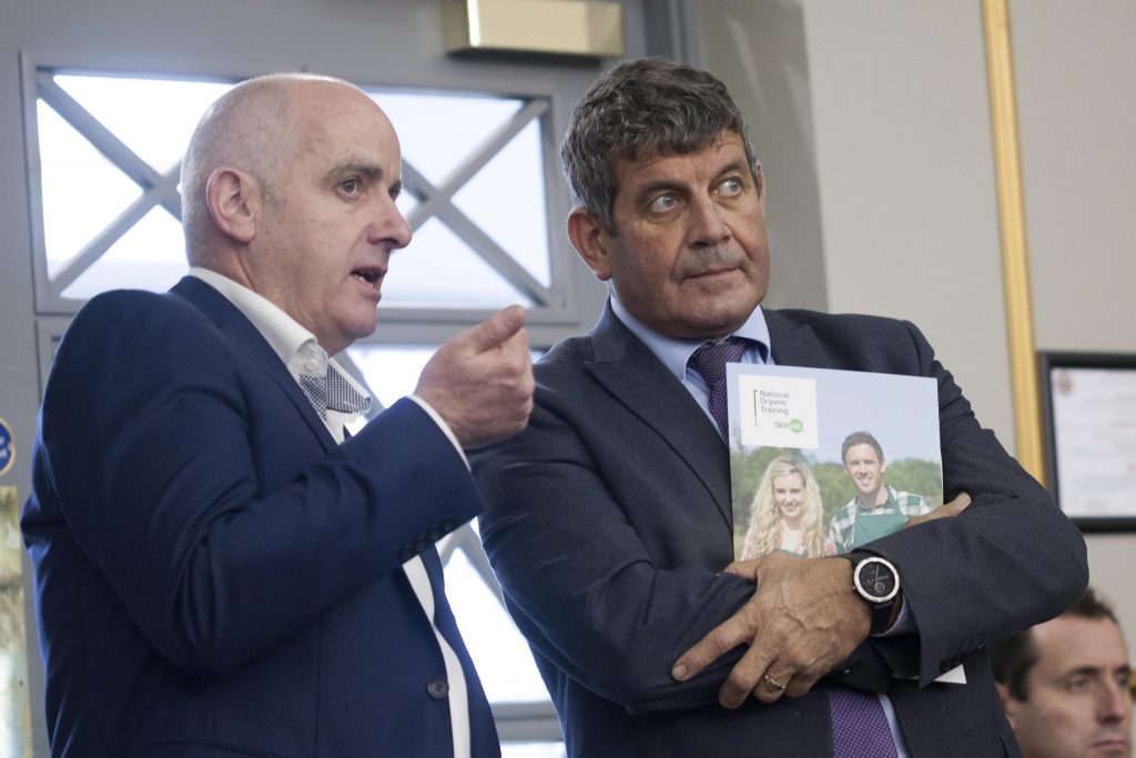 Sean McGloin, network manager, National Organic Training Skillnet, pictured with Minister of State for Food, Forestry and Horticulture, Andrew Doyle, who addressed delegates at the BioFarm 2019 conference in Portlaoise. Image source: Brian Farrell