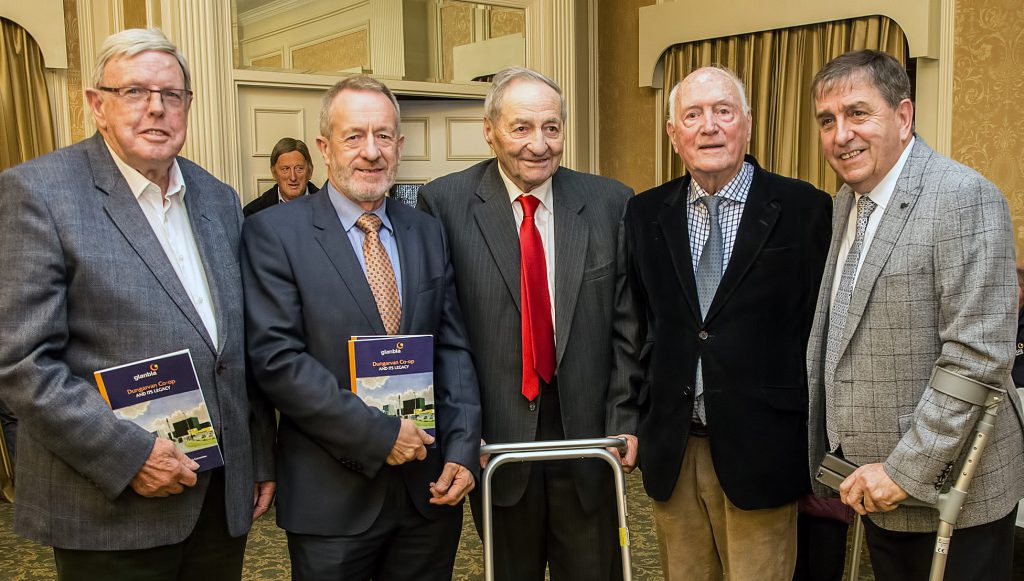 L-R: Former Glanbia chairman Tom Corcoran; Sean Kelly MEP; Derry Twomey, former board member; Stephen O’Connor, former CEO; and Kieran O’Connor MC. Image source: Sean Byrne