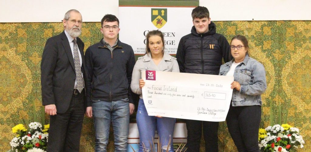 Gurteen dairy certificate students presenting a cheque for Focus Ireland to John Parkin