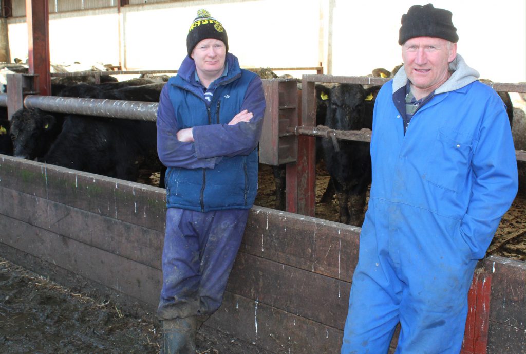 Aberdeen Angus Association of Ireland president John McEnroe (right) discussing the wide range of top-quality Aberdeen Angus bulls available at the present time with Co. Meath dairy farmer Tom Finnegan