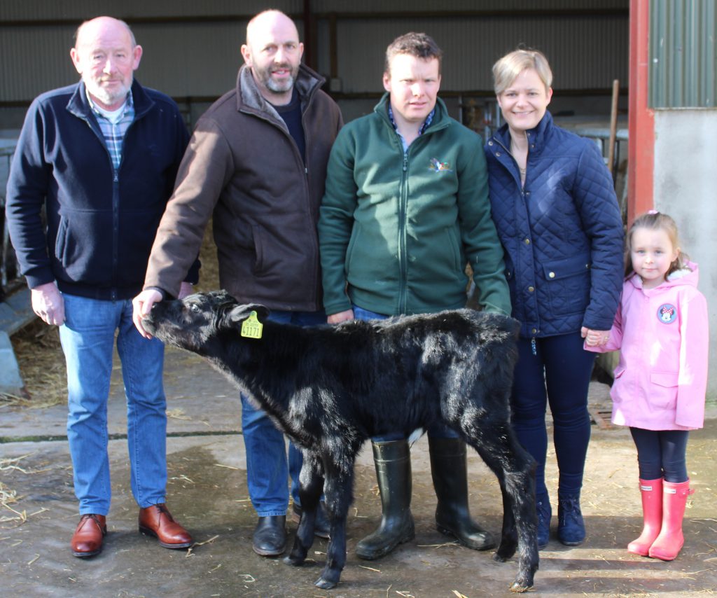 Aberdeen Angus Society president Alan Cheney (second left) recently visited the Cootehill dairy farm of Stewart (middle) and Julie Fairbairn (second right) to view a selection of this year’s Aberdeen Angus cross calves. They were joined by Mack Crowe (left) immediate past president of the Irish Aberdeen Angus Association and five year-old Robyn Fairbairn