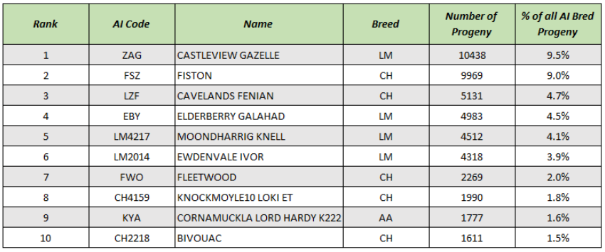 Beef AI sires with the most progeny recorded from Jan 1 to June 30, 2020. Source: ICBF