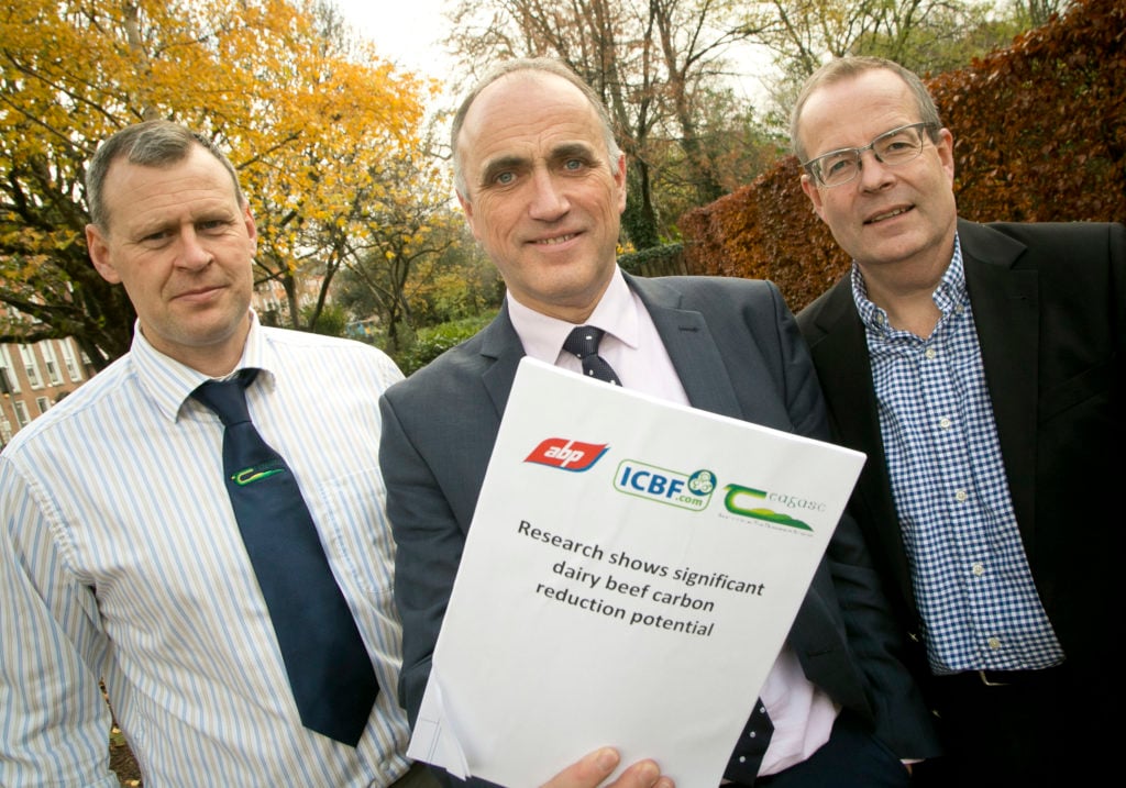 L-R: Padraig French, head of dairy research at Teagasc; Andrew Cromie, ICBF technical director; and Dean Holroyd, group technical and sustainability director, ABP. Image source: Colm Mahady, Fennell Photography