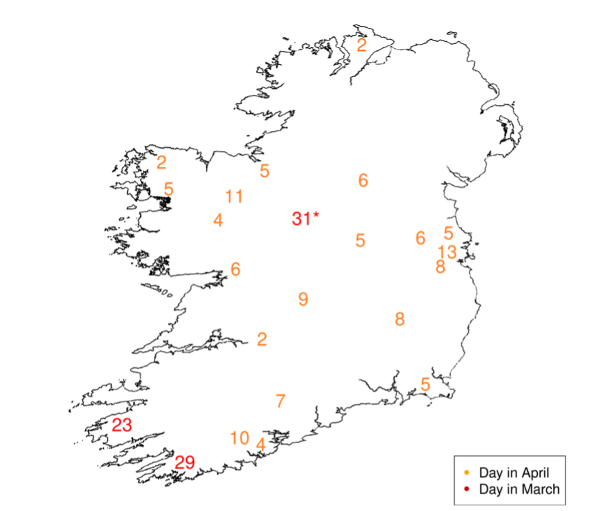 Estimated dates in March and April 2021 when maximum Nematodirus egghatching is expected to occur on pasture. Data source: Met Éireann