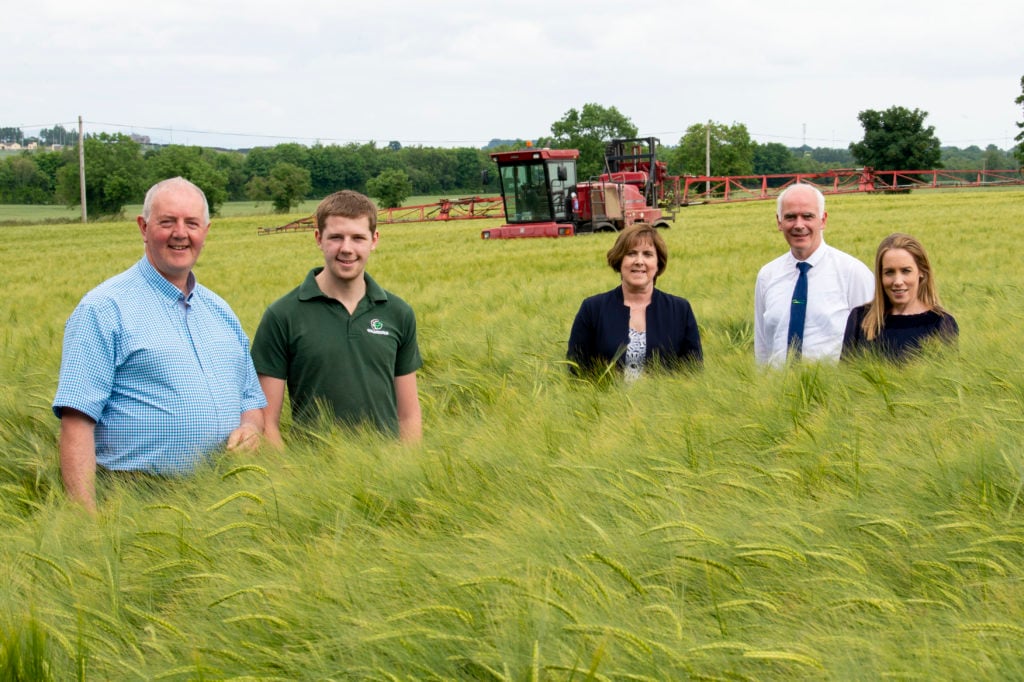 L-R:  DkIT Student Patrick McGuinness, father Tony McGuinness, Breda Brennan, Head of Agriculture DkIT, John Kelly, Teagasc Ballyhaise, Siobhan Jordan, DkIT lecturer, at the launch of the new part-time Agriculture qualifications on the McGuinness family farm in Richardstown, Co Louth