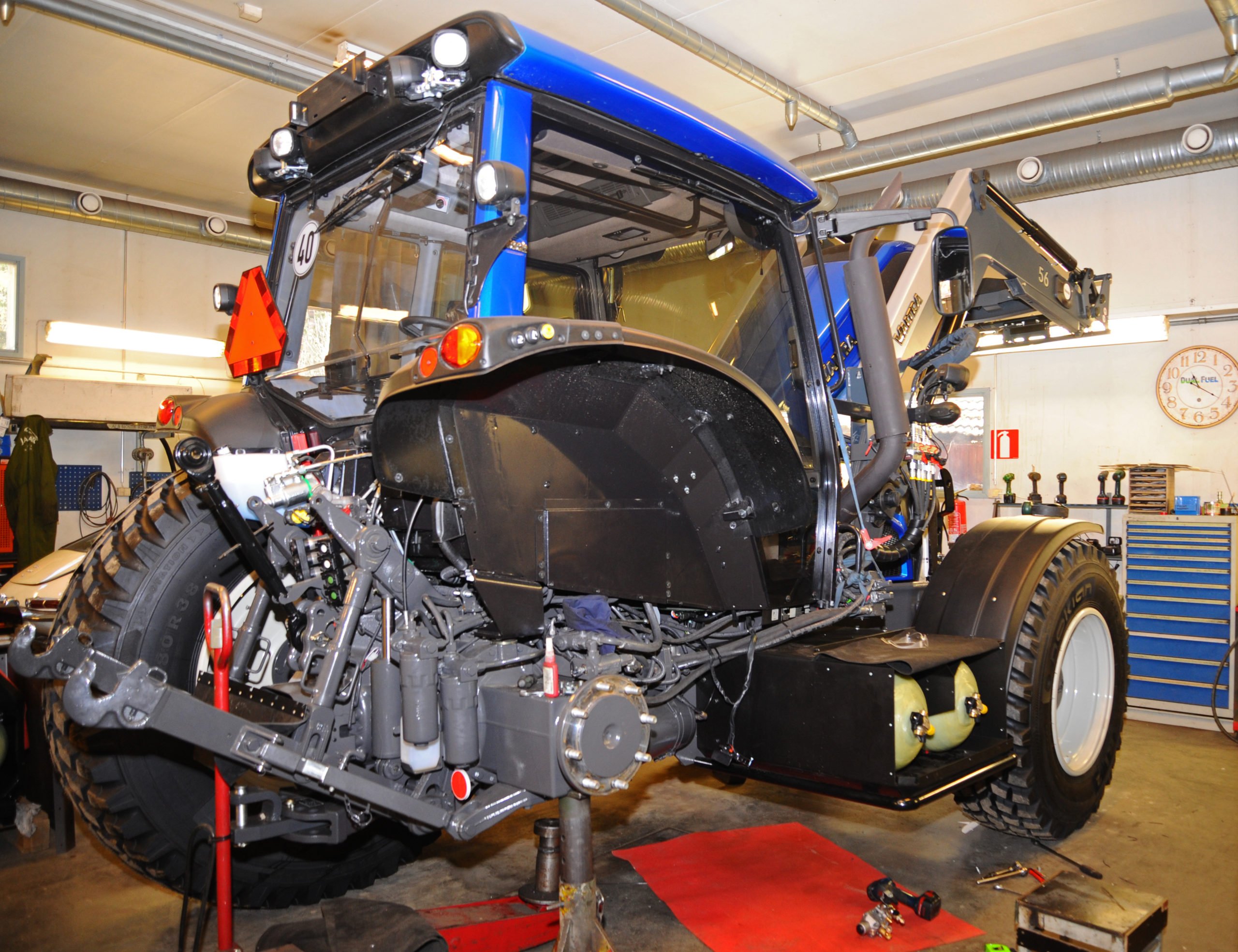 An experimental Valtra with natural gas tanks installed below the cab