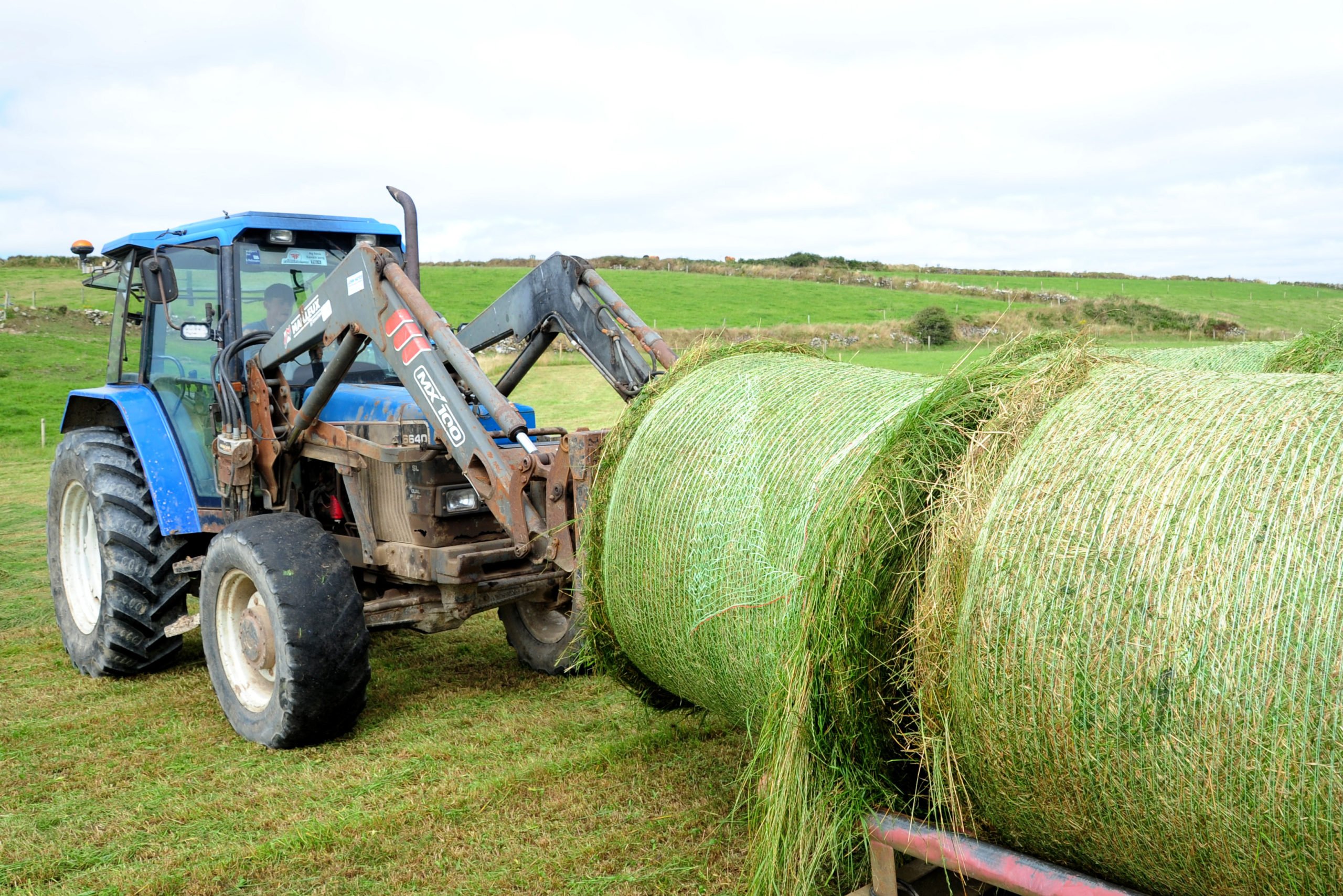 The Ford 6640 rapidly loads the bales in the field