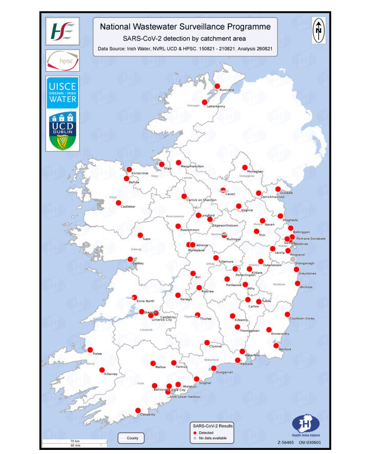 The approximate location of wastewater catchment areas and results for SARS-CoV-2 detections during week 33. Image source: Health Protection Surveillance Centre