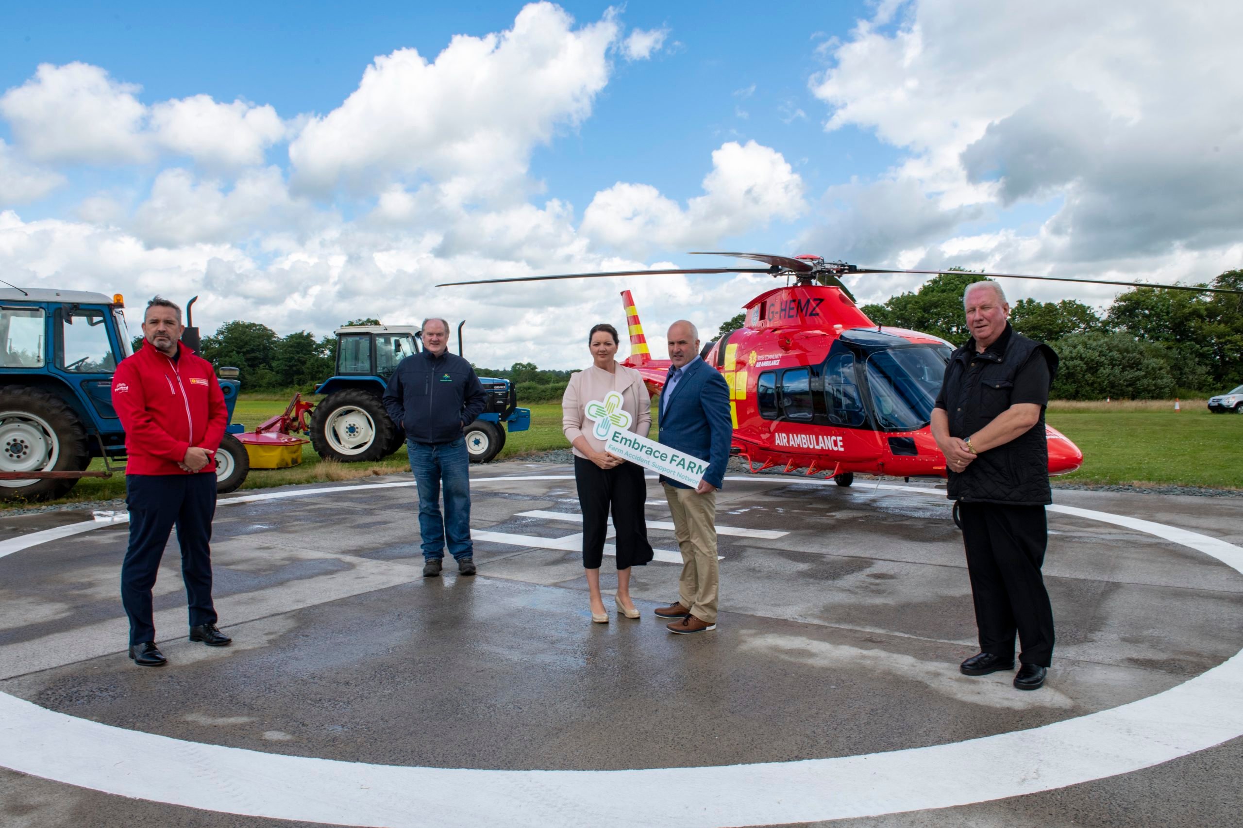 L-R: Micheál Sheridan, CEO of the Irish Community Air Ambulance; Peter Gohery, farm accident survivor and farm safety ambassador; Norma and Brian Rohan, founders of Embrace FARM; Martin Moran, farm accident survivor at the launch of the Farm Family Draw. Image source: Brian Lougheed