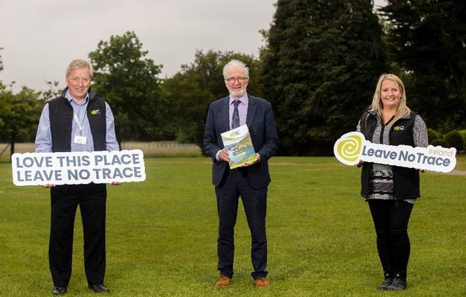 Paddy Doherty, Leave No Trace Ireland chairperson; Minister of State for Heritage and Electoral Reform Malcolm Noonan; Maura Kiely, CEO Leave No Trace Ireland