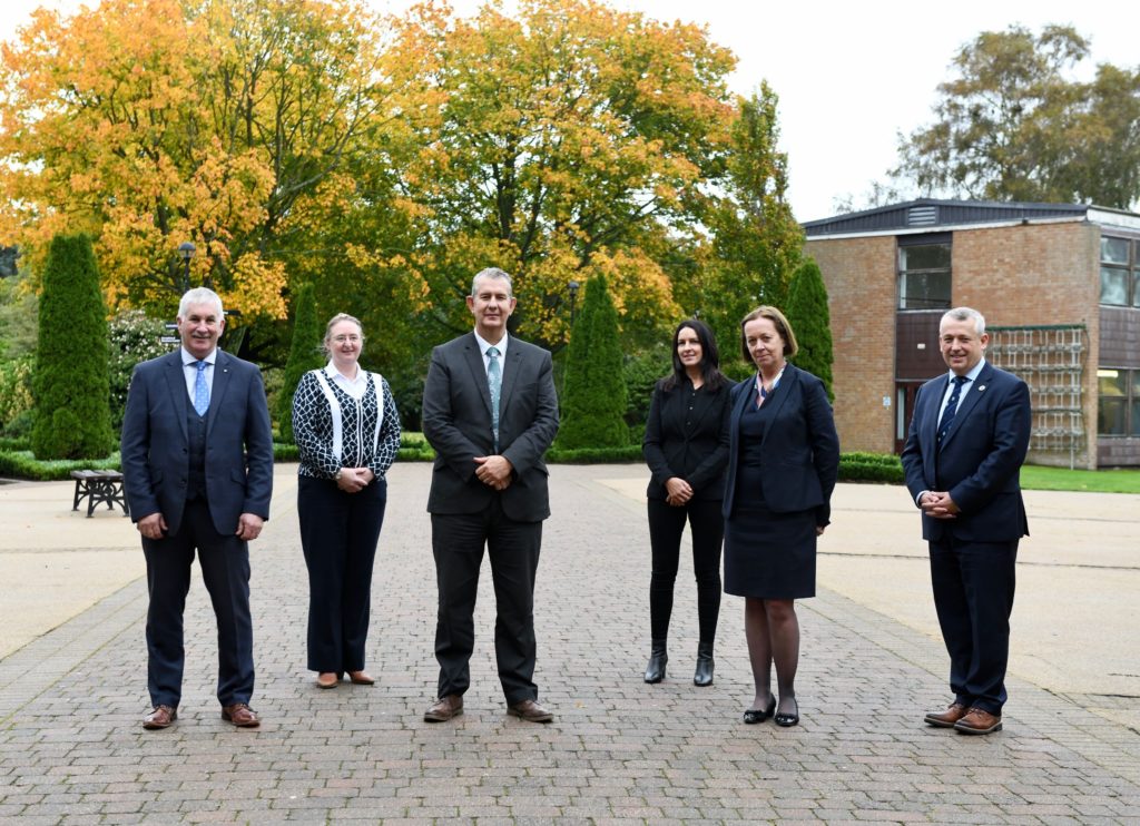 L-r: Victor Chestnutt, UFU; Dr. Elizabeth Magowan, AFBI; Minister Edwin Poots; Aleathea Brown, CAFRE; Alice Stanton, Royal College of Surgeons in Ireland; and Dr.John Gilliland OBE, Devenish Nutrition