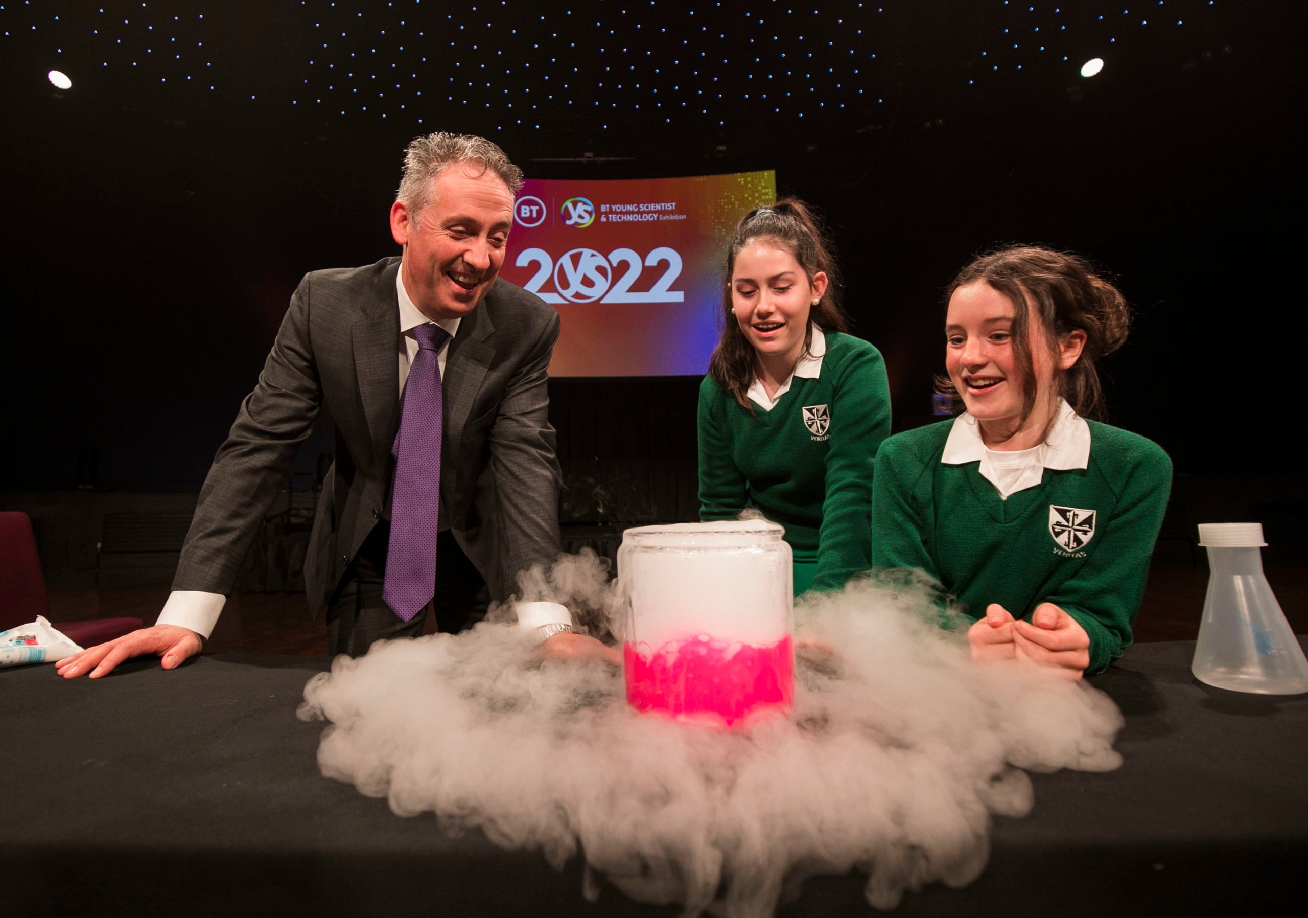 Pictured are Shay Walsh, MD of BT Ireland with Susannah Pike and Lisa Guiry from Muckkross College, Dublin at the launch of the BT Young Scientist &amp; Technology Exhibition 2022. Image source: Chris Bellew/Fennell Photography