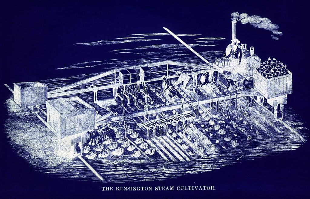 Alexander Halkett's system relied on permanent rails being traversed by a steam powered gantry 'tractor'