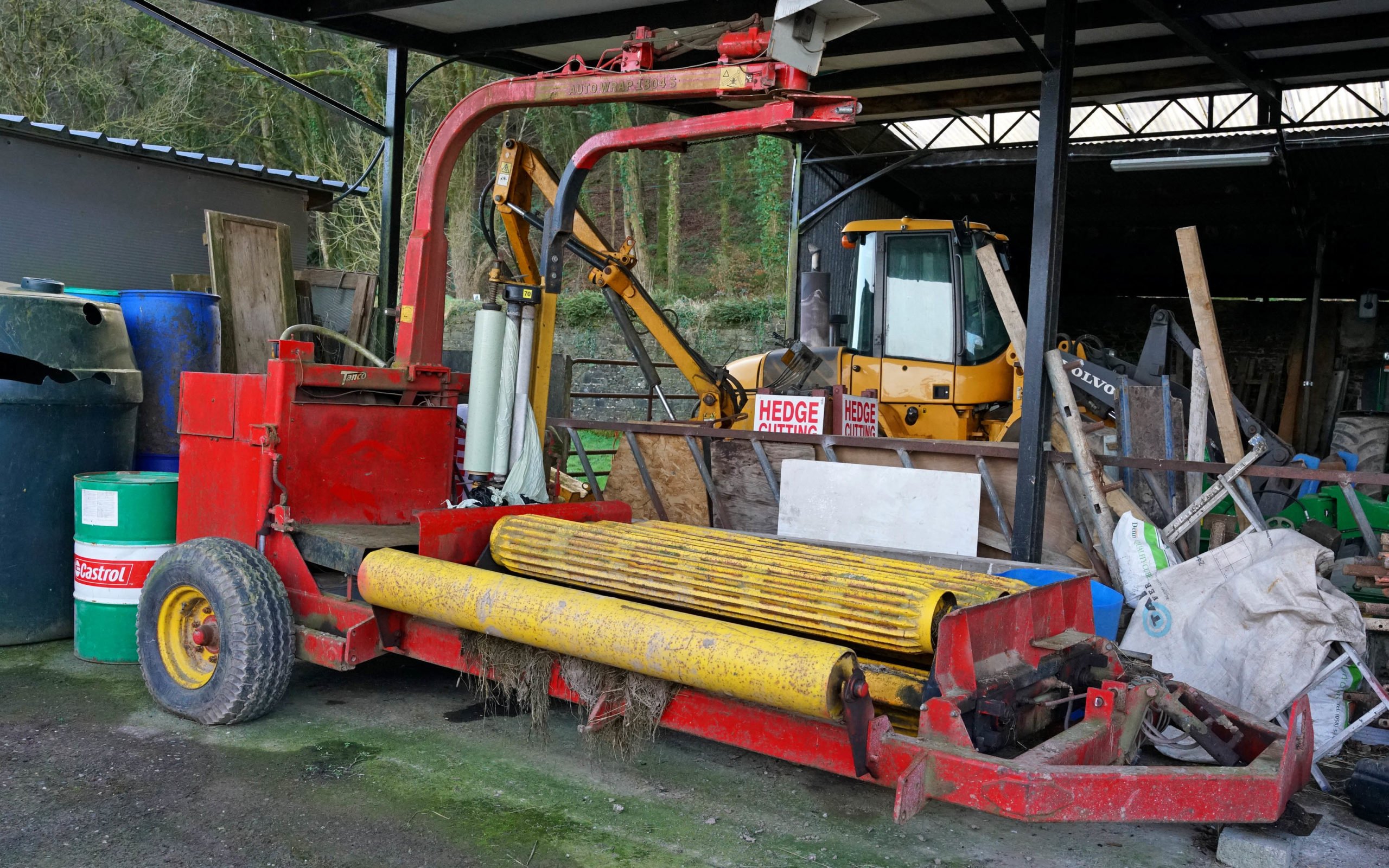 Age unknown but still working perfectly, this Tanco wrapper has a Kubota engine and will wrap square or round bales